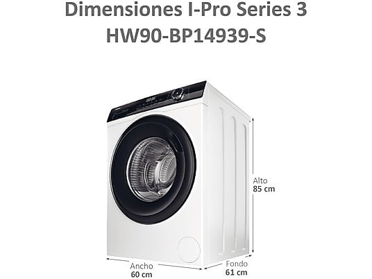 Lavadora carga frontal - Haier I-Pro Series 3 HW90-BP14939-S, 9kg, 1400rpm, Función Vapor, Motor Inverter BPM, Antibacterias, Blanco