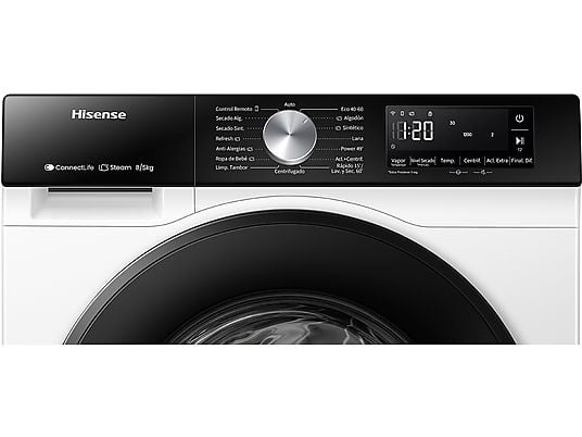 Lavadora secadora - Hisense WD3S8043BW3, 8 kg/5 kg, 1400 rpm, 16 programas. Clase A-30%, WiFi, Blanco