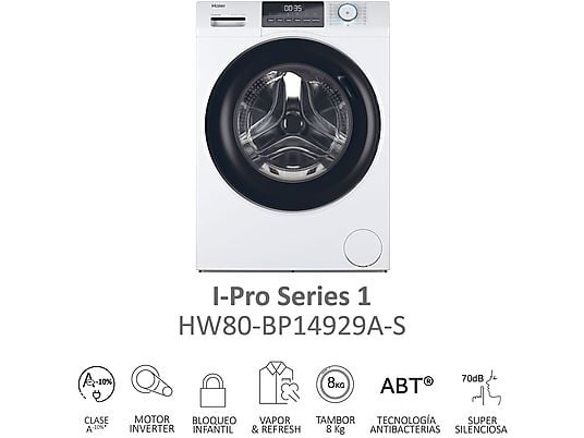 Lavadora carga frontal - Haier I-Pro Series 1 HW80-BP14929A-S, 8 kg, 1400 rpm, Motor Inverter, Función Vapor, Antibacterias, Blanco