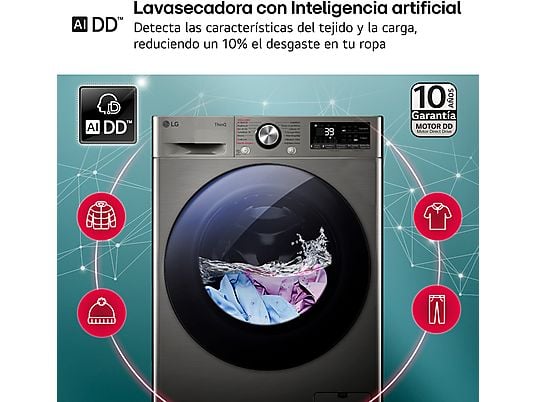Lavadora secadora - LG F4DR7009AGS, Serie 700, 9 kg/6 kg, 1400 rpm, 14 programas, Inox antihuellas