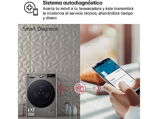 Lavadora secadora - LG F4DR7009AGS, Serie 700, 9 kg/6 kg, 1400 rpm, 14 programas, Inox antihuellas