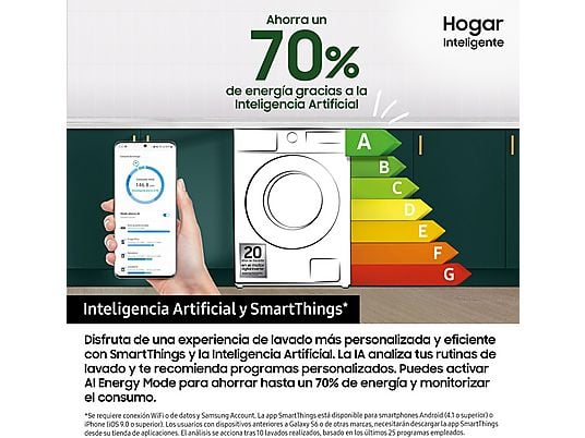 Lavadora secadora - Samsung WD90DG5G34BEEC, 9kg/5kg 1400 rpm, 13 programas, AI Ecobubble™ Clase E/A-10%, fondo reducido, Blanco