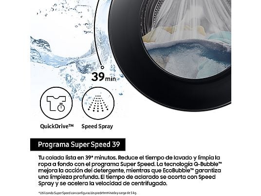 Lavadora secadora - Samsung WD90DG5G34BEEC, 9kg/5kg 1400 rpm, 13 programas, AI Ecobubble™ Clase E/A-10%, fondo reducido, Blanco