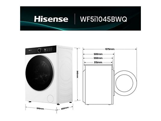 Lavadora carga frontal - Hisense WF5I1045BWQ , 10.5 kg, 1400 RPM, 18 programas, Fondo reducido 55.5 cm, Autodosificación, Blanco