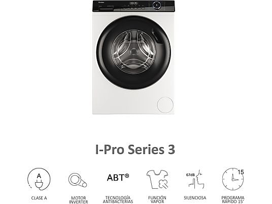 Lavadora carga frontal - Haier I-Pro Series 3 HW90-BP14939-S, 9kg, 1400rpm, Función Vapor, Motor Inverter BPM, Antibacterias, Blanco