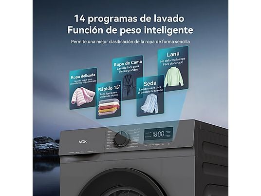 Lavadora de carga frontal - VOK EVW-8BAGL2412, 8 kg, 1200 rpm, 14 programas, Gris